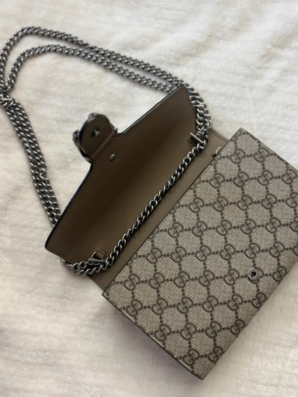 Gucci Beige GG Supreme Dionysus Small Shoulder Bag with Silver Chain - Picture 4 of 12